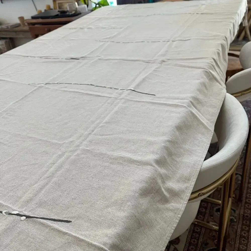 Heavyweight Taupe Linen Tablecloth with Fringe Embroidered Leaves 86